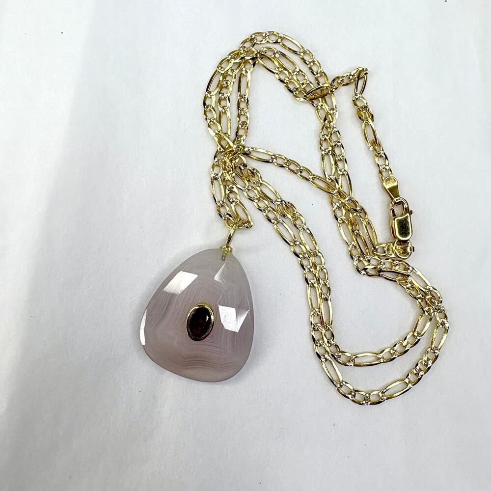 Agate Garnet Sterling Silver Gold Vermeil Pendant Necklace Figaro Chain 20” - Picture 4 of 6
